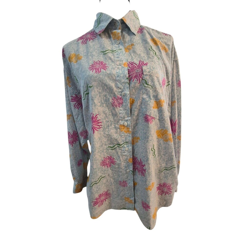 VTG French Navy XL 90's Cotton Floral Fish Beachy Button Down Resort